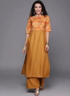 Yellow Printed Rayon Boat Neck Kurta Set After Six Wear -ZariGrace Shop Yellow Printed Rayon Boat Neck Kurta Set KSBS01912072 u