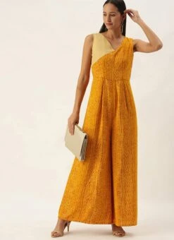 Yellow Printed Viscose Angrakha Style Jumpsuit Festive Wear -ZariGrace Shop Yellow Printed Viscose Angrakha Style Jumpsuit DRBS02109746 u