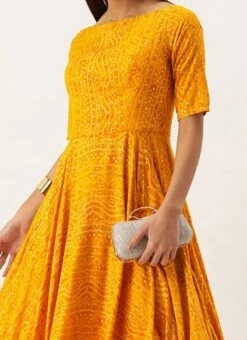 Yellow Printed Viscose Handkerchief Style Dress Festive Wear