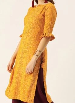 Yellow Printed Viscose Rayon Kurta Work Wear