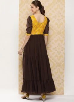 Yellow Rayon N Brown Georgette Gathers Dress After Six Wear -ZariGrace Shop Yellow Rayon N Brown Georgette Gathers Dress DRBS02302147 b