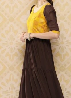 Yellow Rayon N Brown Georgette Gathers Dress After Six Wear
