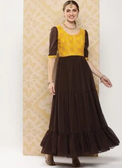 Yellow Rayon N Brown Georgette Gathers Dress After Six Wear -ZariGrace Shop Yellow Rayon N Brown Georgette Gathers Dress DRBS02302147 u