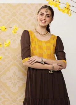 Yellow Rayon N Brown Georgette Gathers Dress After Six Wear -ZariGrace Shop Yellow Rayon N Brown Georgette Gathers Dress DRBS02302147 rrc1