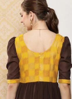 Yellow Rayon N Brown Georgette Gathers Dress After Six Wear -ZariGrace Shop Yellow Rayon N Brown Georgette Gathers Dress DRBS02302147 rrc2