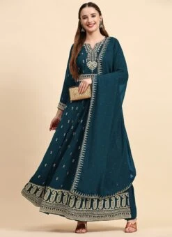 Rama Blue Faux Georgette Embroidered Anarkali Suit Party Wear -ZariGrace Shop aqua blue faux georgette embroidered anarkali suit slsrf27074 u