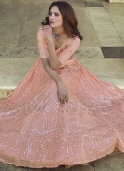 Ballet Pink Georgette Sequins Embroidery Umbrella Lehenga Wedding Wear -ZariGrace Shop ballet pink georgette sequins embroidery umbrella lehenga ghsli13287707 b