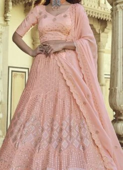 Ballet Pink Georgette Sequins Embroidery Umbrella Lehenga Wedding Wear