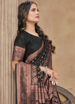 Banarasi Silk Black Color Woven Jacquard Work Saree Festive Wear -ZariGrace Shop banarasi silk black color woven jacquard work saree sasli19506205 b