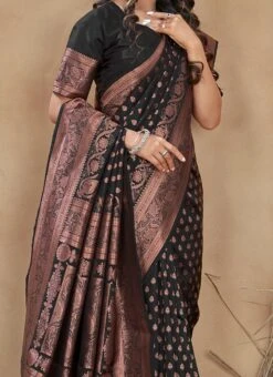 Banarasi Silk Black Color Woven Jacquard Work Saree Festive Wear