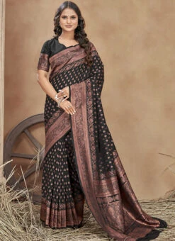 Banarasi Silk Black Color Woven Jacquard Work Saree Festive Wear -ZariGrace Shop banarasi silk black color woven jacquard work saree sasli19506205 u