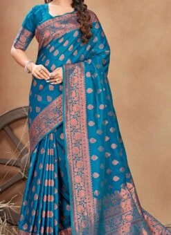 Banarasi Silk Jacquard Woven Work Firozi Blue Color Saree Festive Wear