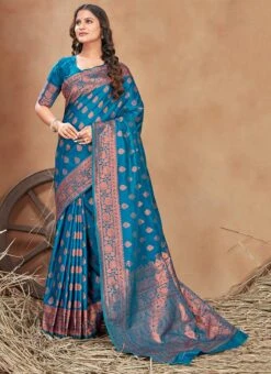 Banarasi Silk Jacquard Woven Work Firozi Blue Color Saree Festive Wear -ZariGrace Shop banarasi silk jacquard woven work firozi blue color saree sasli19006106 u