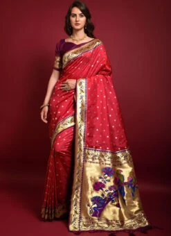 Banarasi Silk Red Color Zari Work Saree Festive Wear -ZariGrace Shop banarasi silk red color zari work saree sasacw3799 u