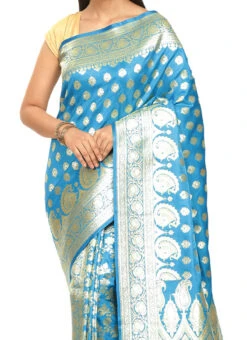 Banarasi Woven Work Turquoise Blue Color Satin Saree Festive Wear