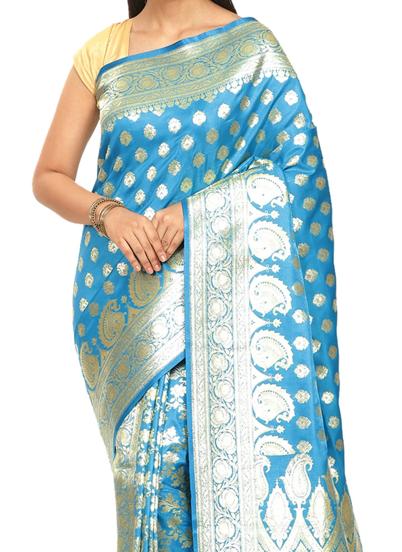 Banarasi Woven Work Turquoise Blue Color Satin Saree Festive Wear 3 Banarasi Woven Work Turquoise Blue Color Satin Saree Festive Wear