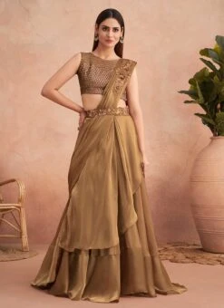 Beige Chinon Silk Embroidered Ready Pleated Saree Party Wear -ZariGrace Shop beige chinon silk embroidered ready pleated saree saska36337311e u