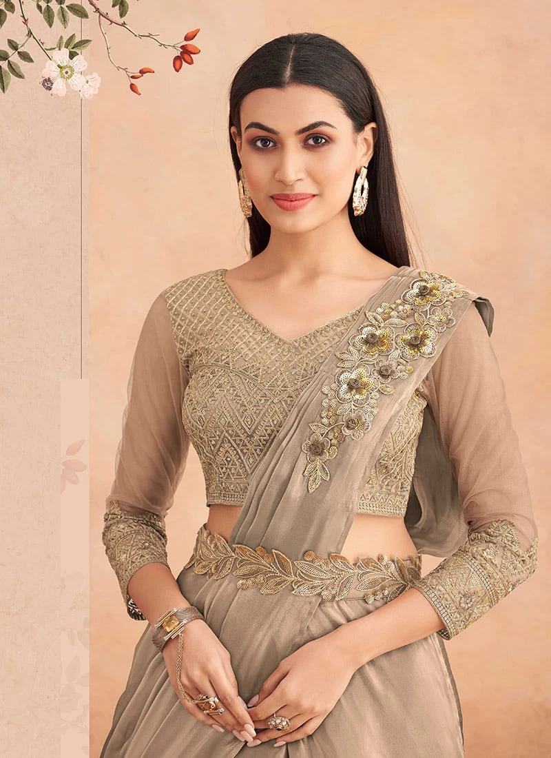 Beige Chinon Silk Embroidered Sequins Ready Pleated Saree Party Wear 6 Beige Chinon Silk Embroidered Sequins Ready Pleated Saree Party Wear - Image 4