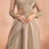 Beige Chinon Silk Embroidered Sequins Ready Pleated Saree Party Wear