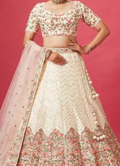 Beige Color Pure Silk Embroidered And Zari Work Umbrella Lehenga Wedding Wear