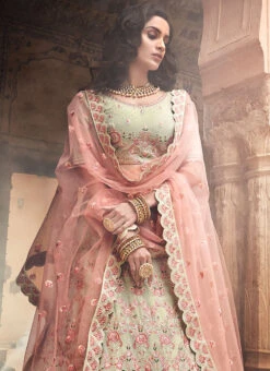 Light Pista Georgette A Line Lehenga Wedding Wear -ZariGrace Shop beige georgette a line lehenga ghmkns3402 b