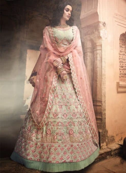 Light Pista Georgette A Line Lehenga Wedding Wear -ZariGrace Shop beige georgette a line lehenga ghmkns3402 u