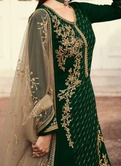 Beige Georgette Embroidered N Stones Long Choli Lehenga Party Wear