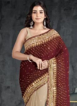 Beige Georgette Hand Work Half N Half Saree Party Wear -ZariGrace Shop beige georgette hand work half n half saree sadsf4844 b