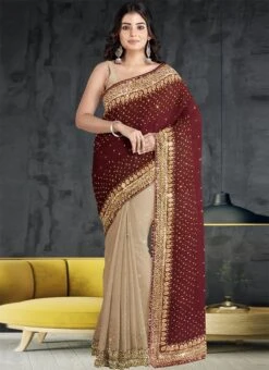 Beige Georgette Hand Work Half N Half Saree Party Wear -ZariGrace Shop beige georgette hand work half n half saree sadsf4844 u