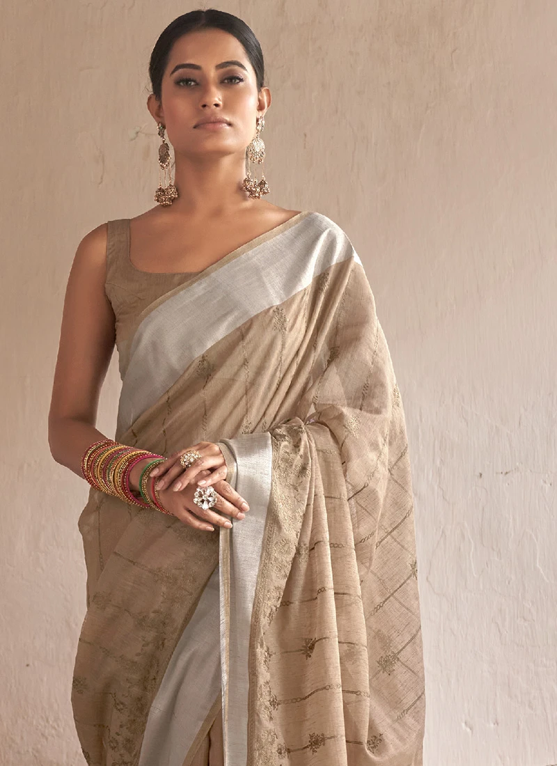 Beige Linen Embroidered Work Saree Festive Wear 6 Beige Linen Embroidered Work Saree Festive Wear - Image 4