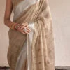 Beige Linen Embroidered Work Saree Festive Wear -ZariGrace Shop beige linen embroidered work saree samkns4312 l