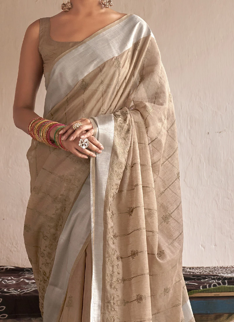 Beige Linen Embroidered Work Saree Festive Wear 3 Beige Linen Embroidered Work Saree Festive Wear