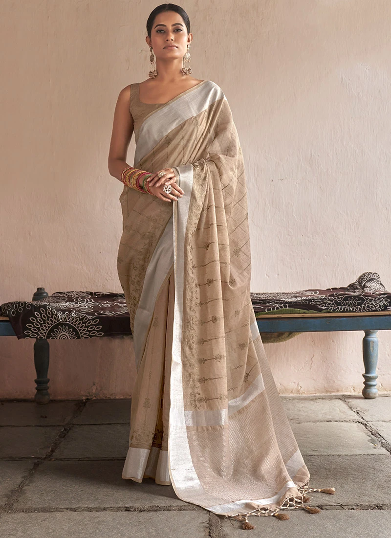Beige Linen Embroidered Work Saree Festive Wear 5 Beige Linen Embroidered Work Saree Festive Wear - Image 3