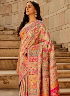 Beige Modal Satin Handloom Saree Festive Wear -ZariGrace Shop beige modal satin handloom saree sasgf1506 b