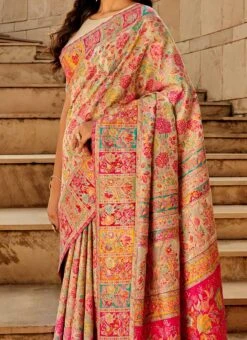 Beige Modal Satin Handloom Saree Festive Wear