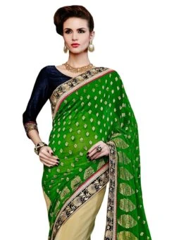 Beige N Green Net N Brocade Half N Half Saree Festive Wear 9 Beige N Green Net N Brocade Half N Half Saree Festive Wear -ZariGrace Shop beige n green net n brocade half n half saree sacvi3010 b
