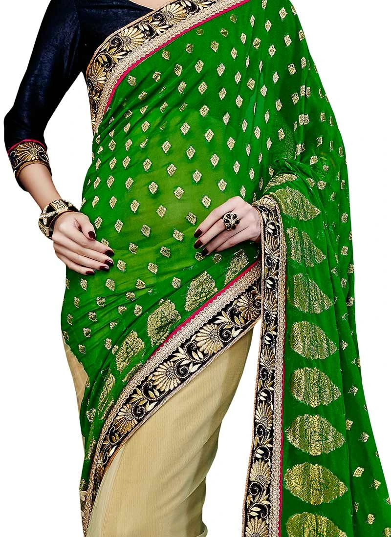 Beige N Green Net N Brocade Half N Half Saree Festive Wear 3 Beige N Green Net N Brocade Half N Half Saree Festive Wear