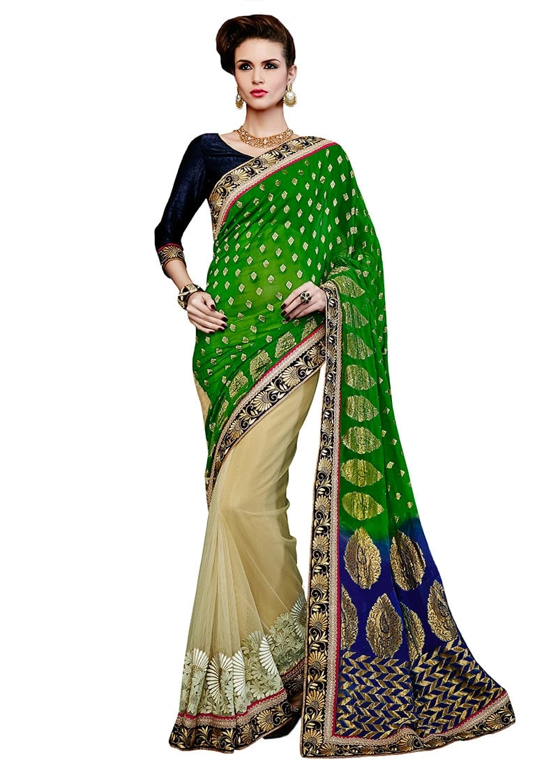Beige N Green Net N Brocade Half N Half Saree Festive Wear 5 Beige N Green Net N Brocade Half N Half Saree Festive Wear - Image 3