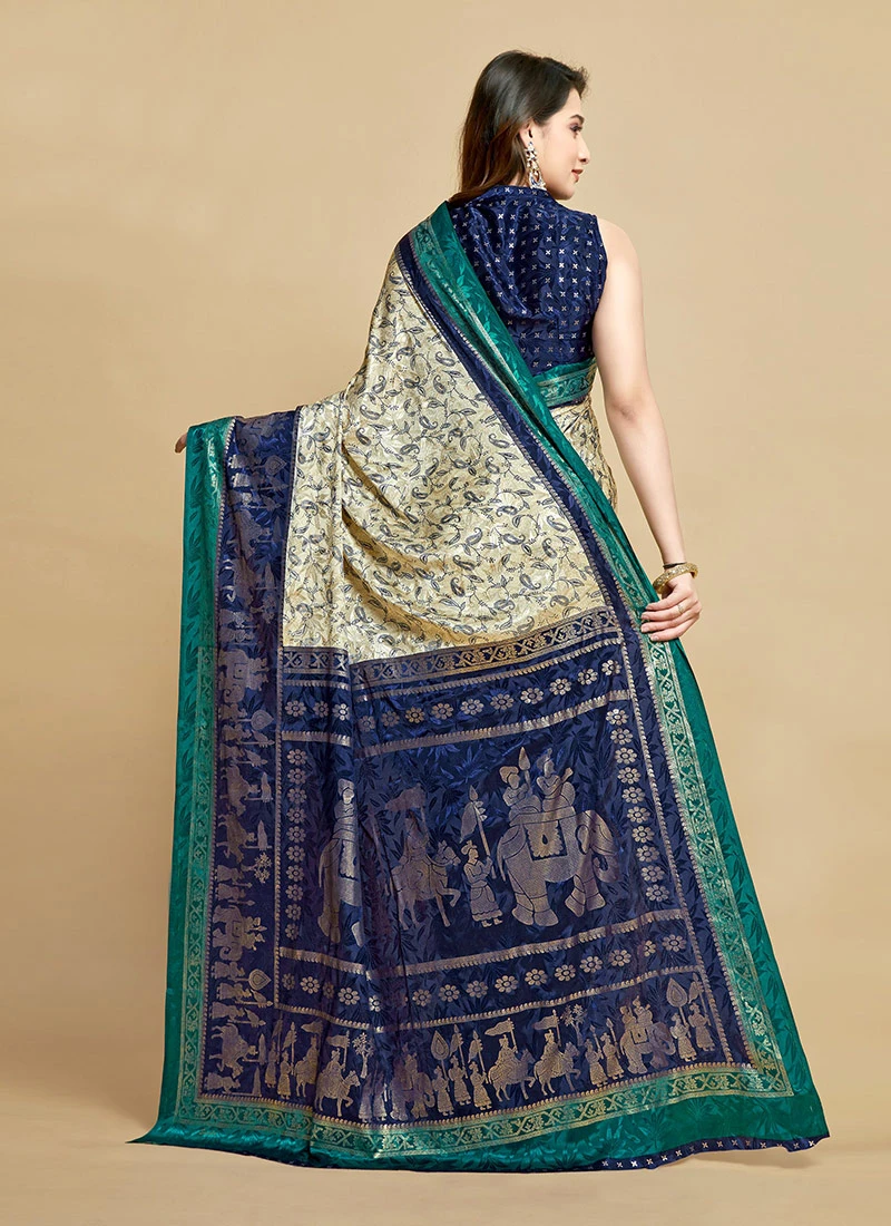 Beige N Navy Blue Silk Jacquard Weaving Work Saree Festive Wear 6 Beige N Navy Blue Silk Jacquard Weaving Work Saree Festive Wear - Image 4