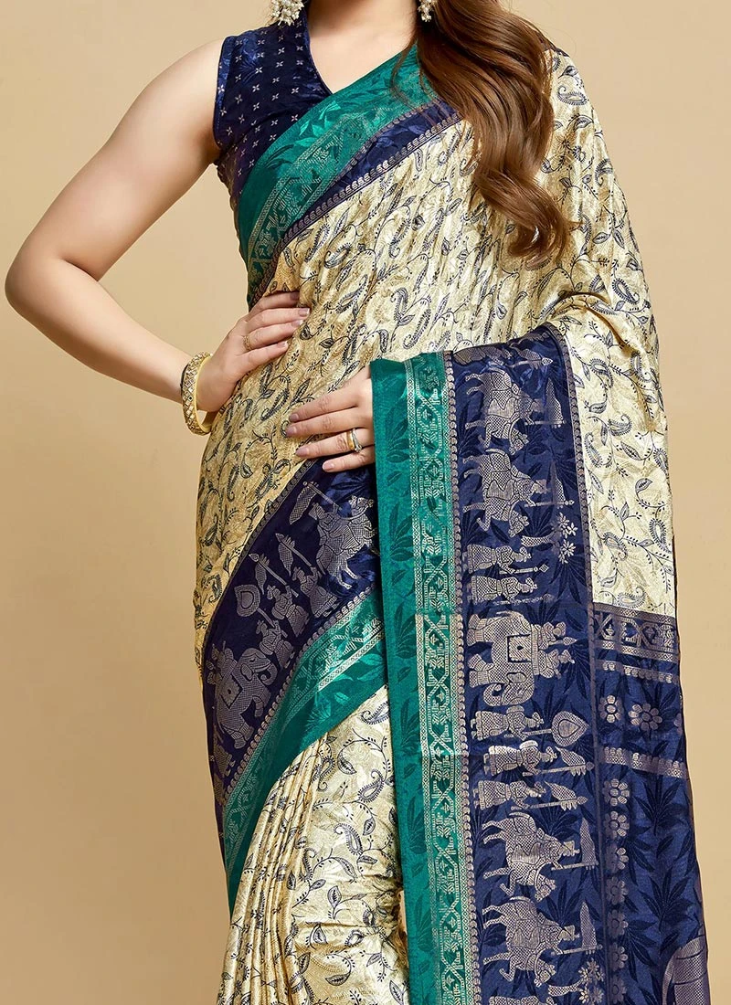 Beige N Navy Blue Silk Jacquard Weaving Work Saree Festive Wear 3 Beige N Navy Blue Silk Jacquard Weaving Work Saree Festive Wear