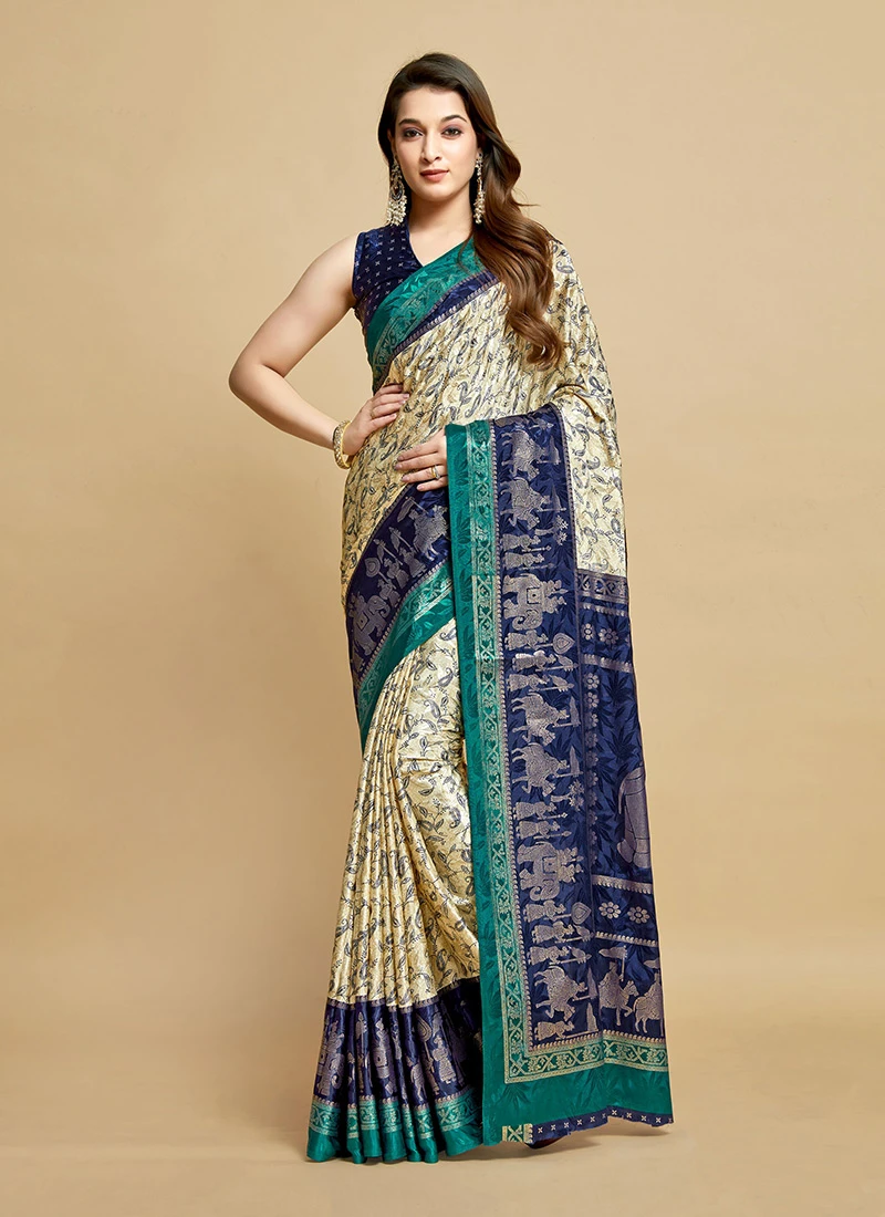 Beige N Navy Blue Silk Jacquard Weaving Work Saree Festive Wear 5 Beige N Navy Blue Silk Jacquard Weaving Work Saree Festive Wear - Image 3