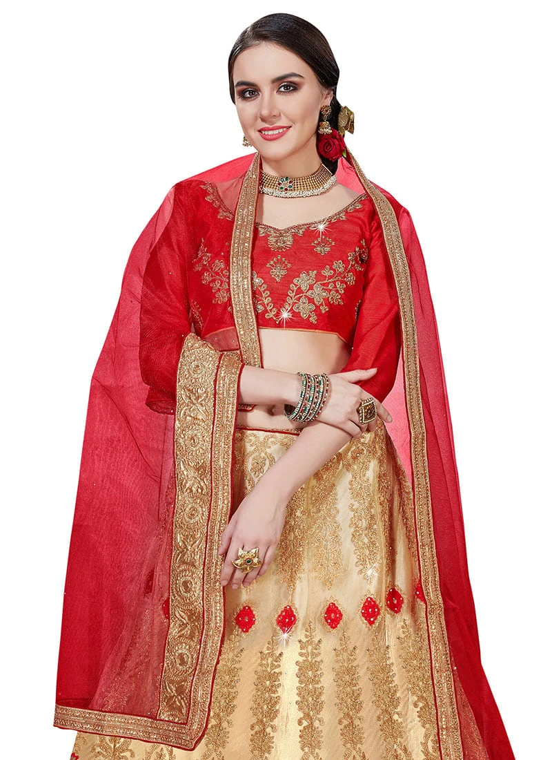 Beige N Red Net Embroidered A Line Lehenga Wedding Wear 6 Beige N Red Net Embroidered A Line Lehenga Wedding Wear - Image 4
