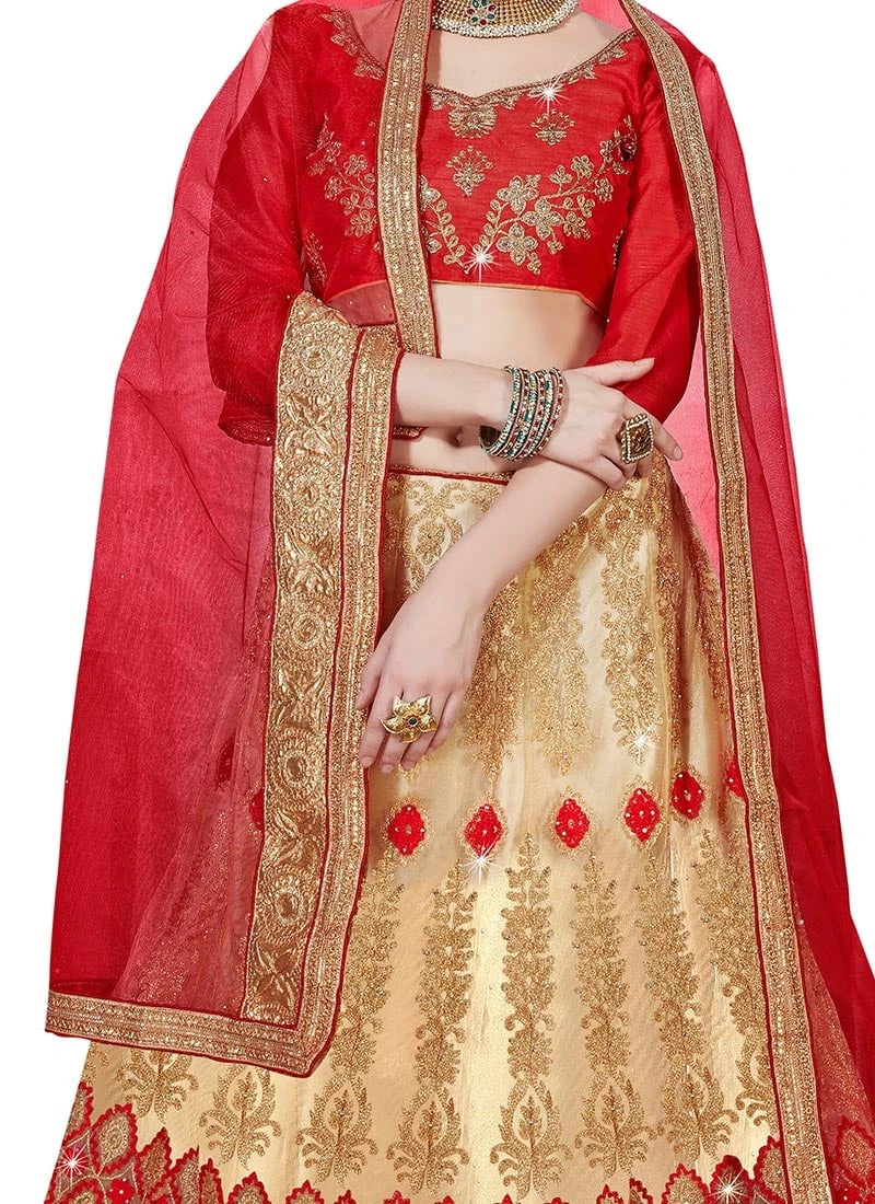 Beige N Red Net Embroidered A Line Lehenga Wedding Wear 3 Beige N Red Net Embroidered A Line Lehenga Wedding Wear