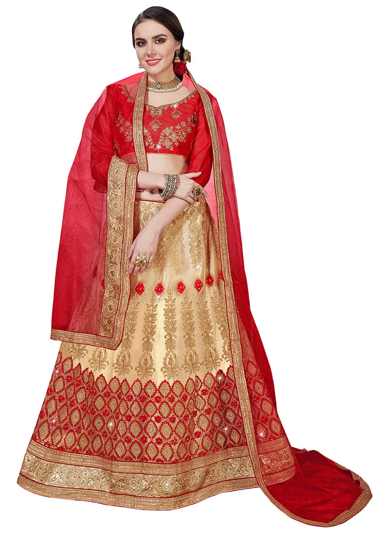 Beige N Red Net Embroidered A Line Lehenga Wedding Wear 5 Beige N Red Net Embroidered A Line Lehenga Wedding Wear - Image 3