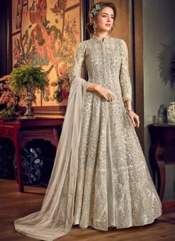 Beige Net Embroidered Anarkali Suit Wedding Wear -ZariGrace Shop beige net embroidered anarkali suit slscc4554a u