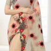 Beige Net Embroidery Work Saree Party Wear