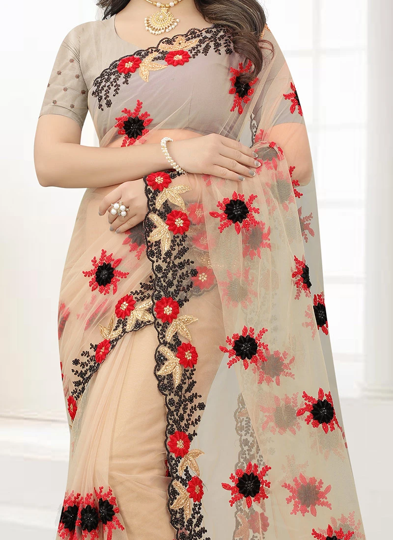 Beige Net Embroidery Work Saree Party Wear 3 Beige Net Embroidery Work Saree Party Wear