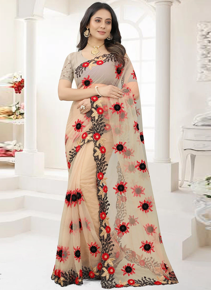 Beige Net Embroidery Work Saree Party Wear 5 Beige Net Embroidery Work Saree Party Wear - Image 3