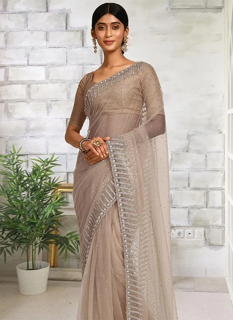 Beige Net Hand Work Saree Festive Wear 6 Beige Net Hand Work Saree Festive Wear - Image 4