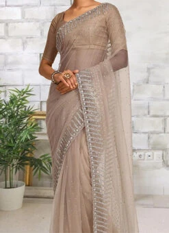 Beige Net Hand Work Saree Festive Wear